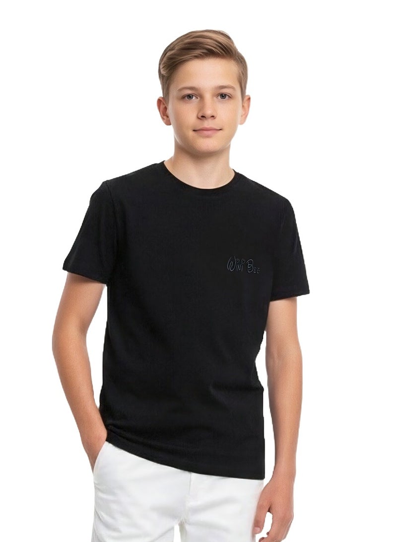 WiNi BEE Boys' Black T-Shirt with Chest Embroidery | Short Sleeve Crew Neck Tee | Classic Cotton Top for Kids Ages 8-16 Years - Image 1